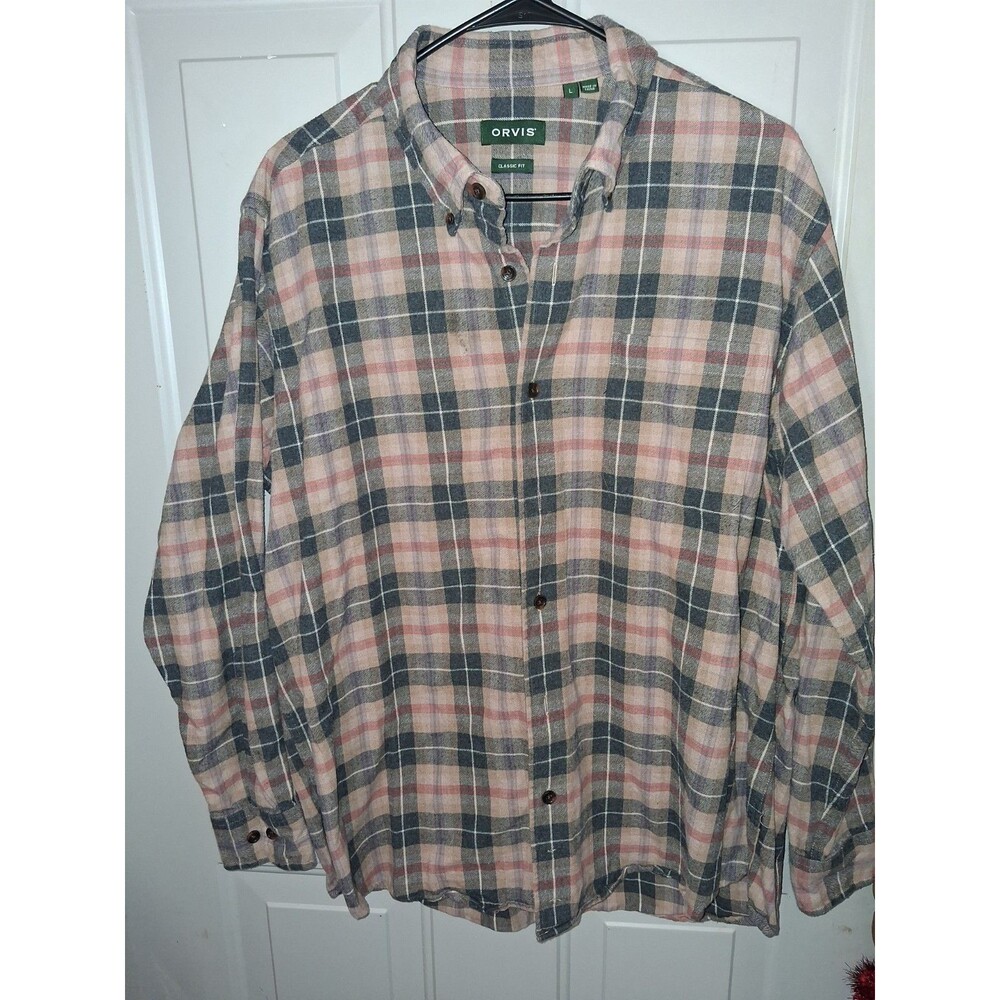 Orvis Plaid Flannel Shirt Mens Large Classic Fit Tan Gray Button Up Long Sleeve